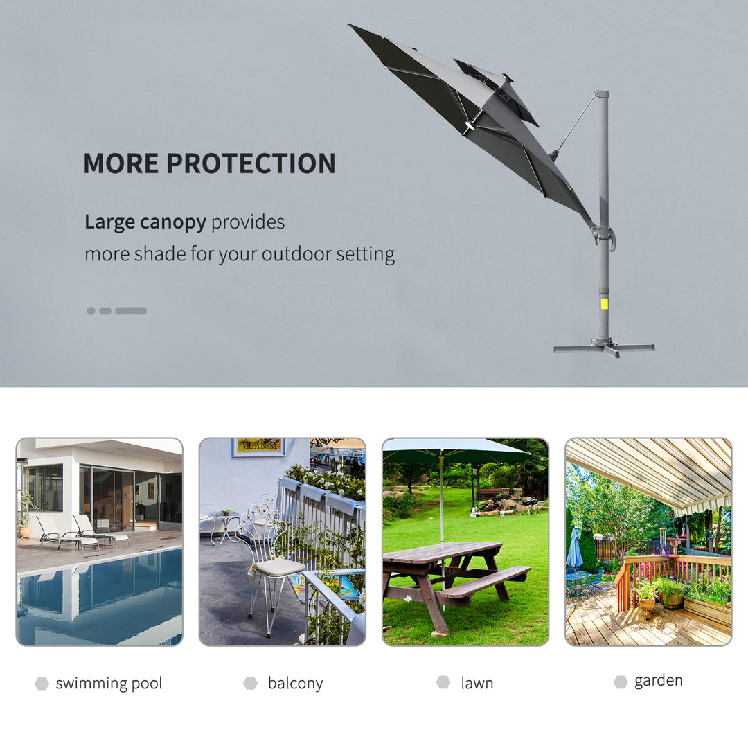 Outsunny 3m Cantilever Parasol w/ Solar Lights Power Bank Cross Base Adjustable Canopy 360° Spin Outdoor Garden Umbrella 2-Tier Roof Sun Shade Grey