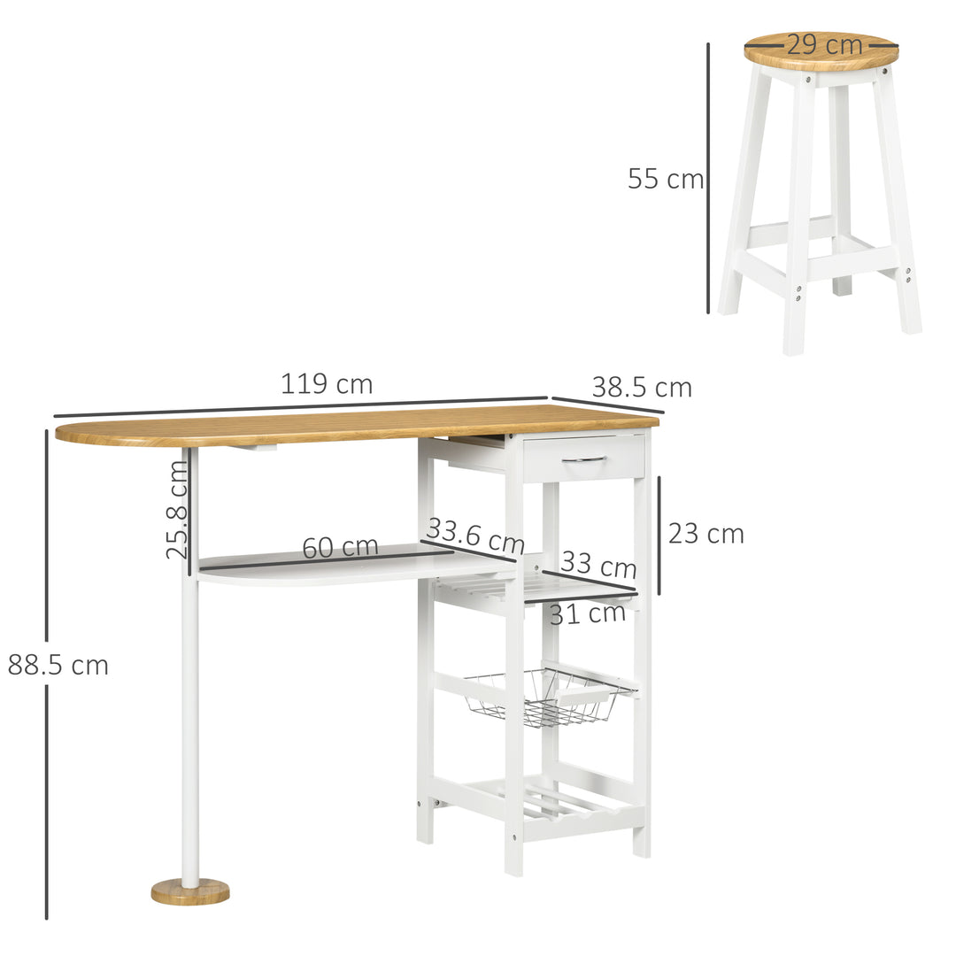 3 Piece Bar Table Set, Breakfast Bar table and Stools with Storage Shelf, Drawer, Wire Basket and Wine Rack for Kitchen, Natural and White