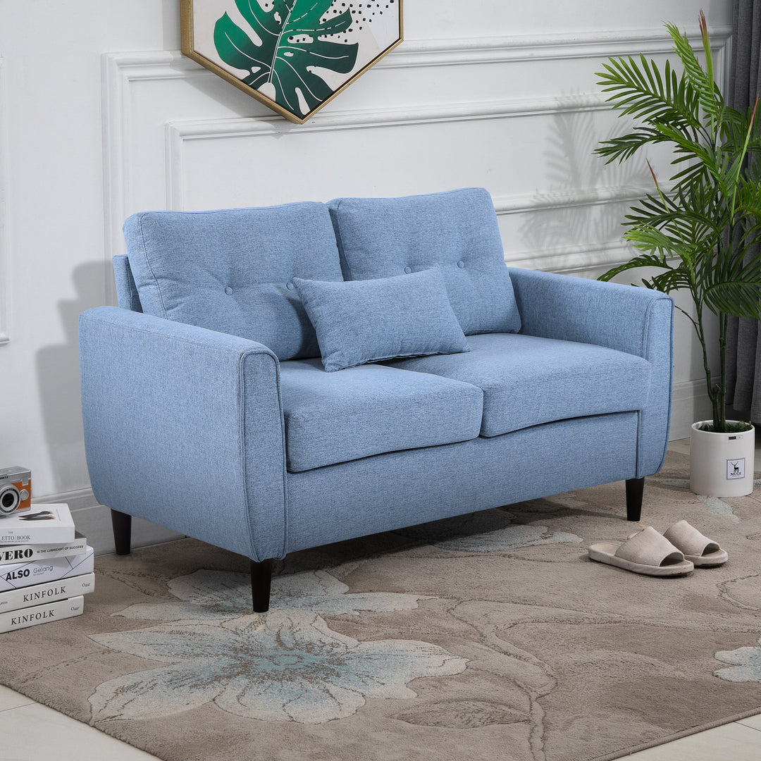 HOMCOM 2 Seat Sofa Double Sofa Loveseat Fabric Wooden Legs Tufted Design for Living Room, Dining Room, Office, Light Blue