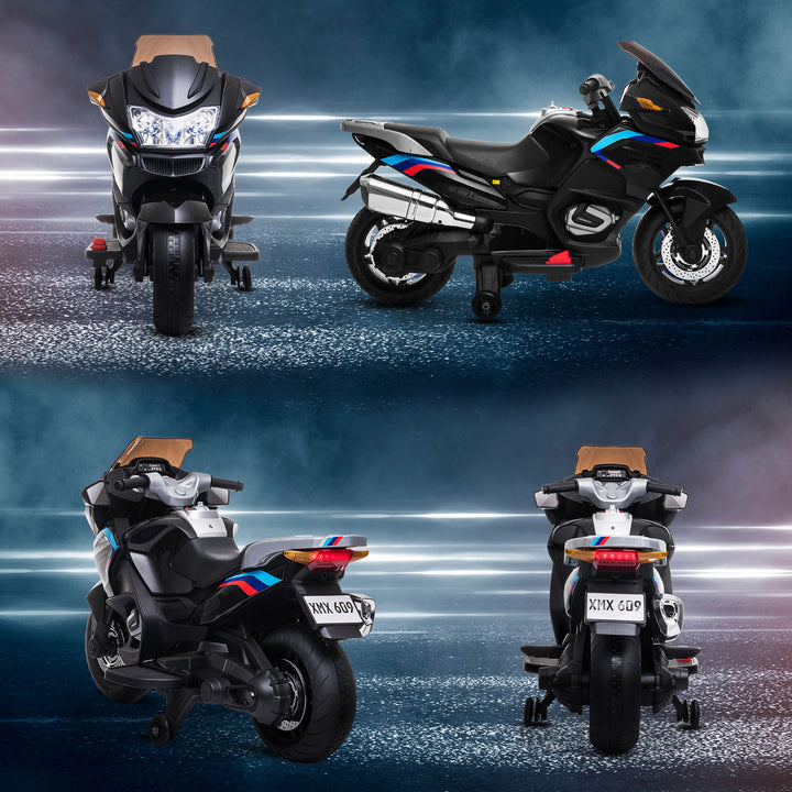 Kids Electric Motorbike, with Training Wheels, Lights, Music, for Ages 3-8 Years - Black