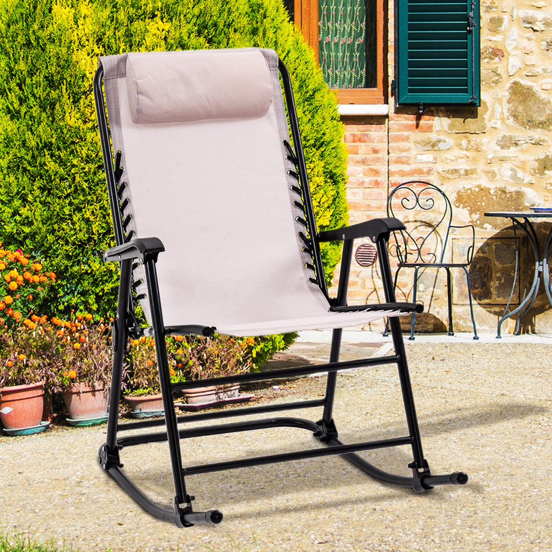 Garden Rocking Chair Folding Outdoor Adjustable Rocker Zero-Gravity Seat with Headrest Camping Fishing Patio Deck - Beige