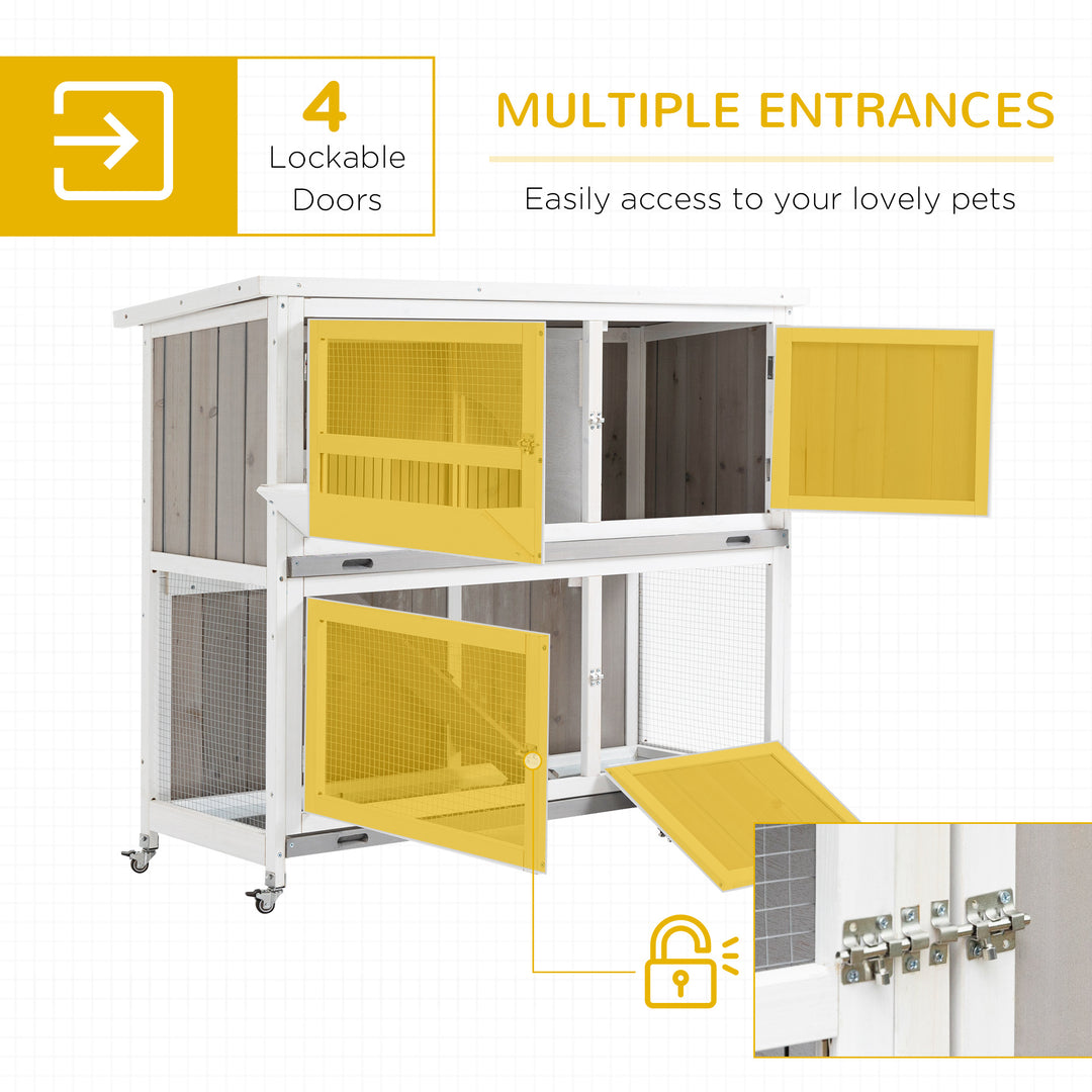 PawHut Wooden Rabbit Hutch Two-Tier Guinea Pig Cage Elevated Multi-Door Pet House Bunny Cage w/ Rain Cover, Wheels, Slide-Out Tray, Grey