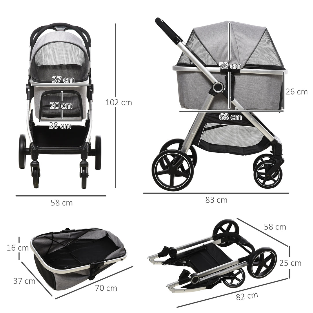 3-In-1 One Click Foldable Pet Stroller Detachable Dog Cat Travel Pushchair Car Seat with EVA Wheels Basket Safety Leash Cushion Light Grey