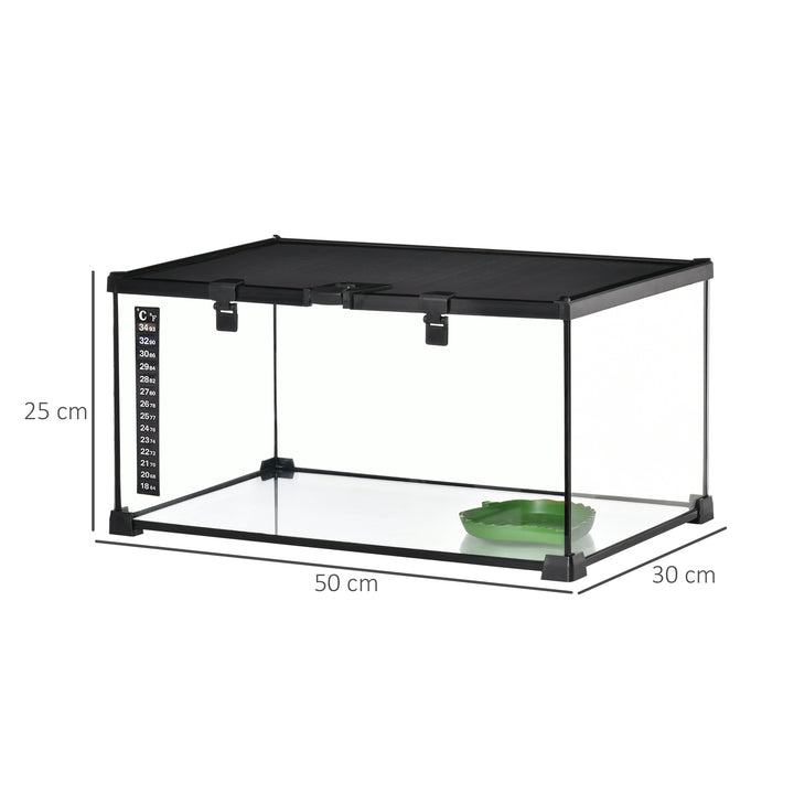 PawHut 50 x 30 x 25 cm Reptile Glass Terrarium, Reptile Breeding Tank, Climbing pet Glass Containers, Arboreal Box, with Strip Patch Thermometer-Black