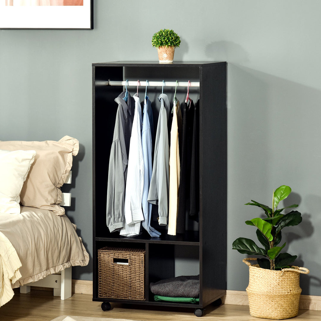 HOMCOM Open Wardrobe with Hanging Rod and Storage Shelves Mobile Garment Rack on Wheels Bedroom, Cloakroom, Black