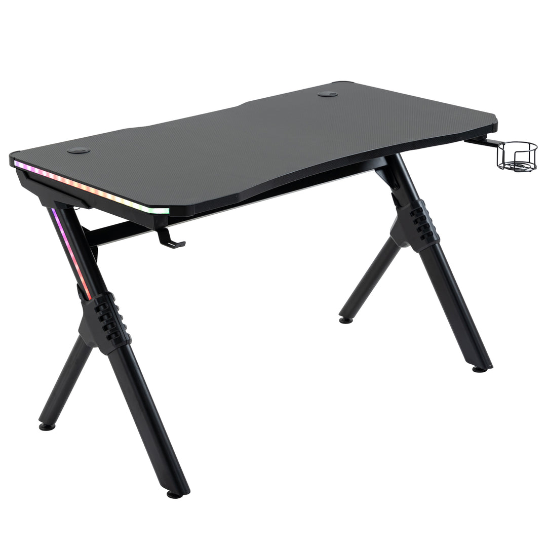Gaming Desk Gaming Table with RGB LED Lights Racing Style Cup Holder, Cable Management, Black