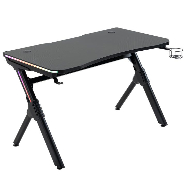 Gaming Desk Gaming Table with RGB LED Lights Racing Style Cup Holder, Cable Management, Black