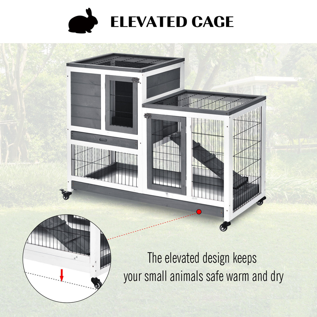 PawHut Indoor Wooden Rabbit Hutch Guinea Pigs House Bunny Small Animal Cage W/ Wheels Enclosed Run 110 x 50 x 86 cm