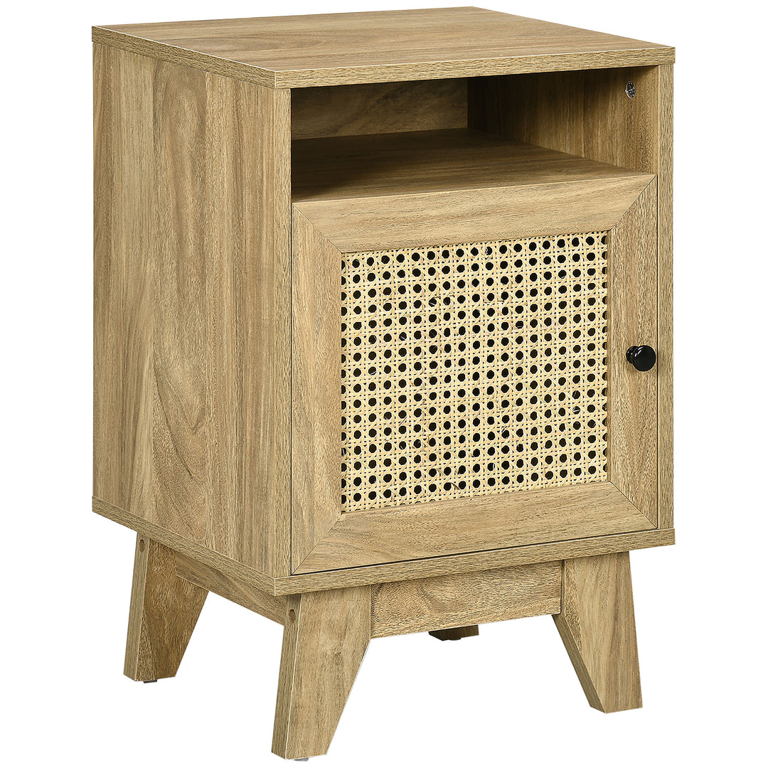 Bedside Table with Rattan Element, Side End Table with Shelf and Cupboard, 39cmx35cmx60cm, Natural