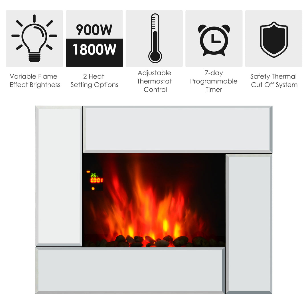 1800W Wall Mounted Electric Fireplace Heater 7 Coloured LED Light Fire Glass Screen with Pebble Effect &amp; Remote Control