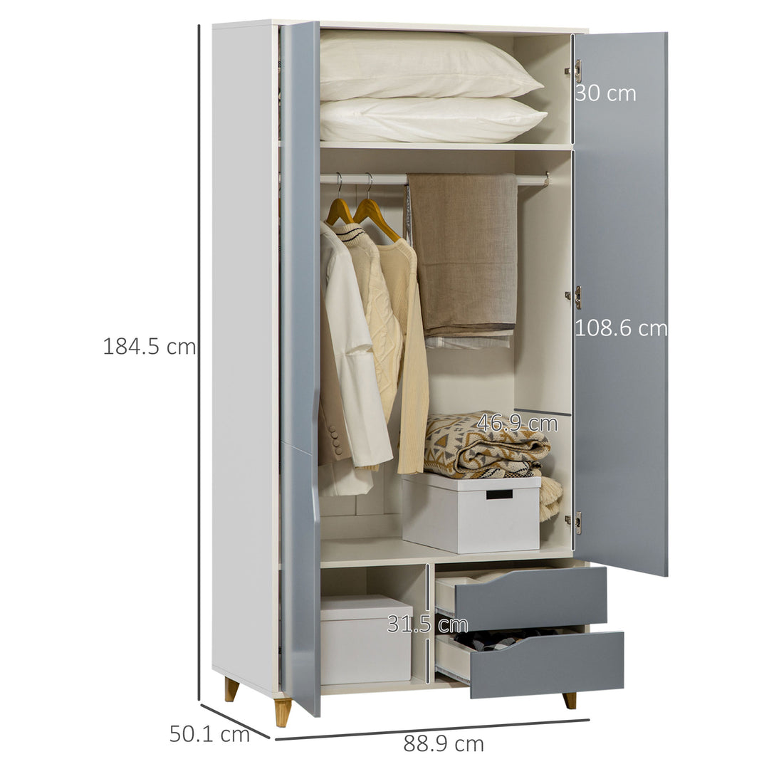HOMCOM Wardrobe with 2 Doors, 2 Drawers, Hanging Rail, Shelves for Bedroom Clothes Storage Organiser, 89x50x185cm, Grey