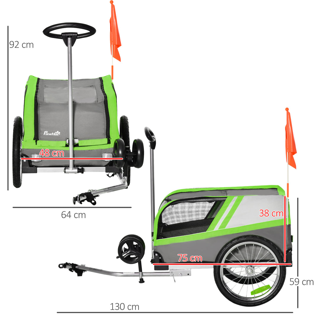 PawHut Dog Bike Trailer Two-In-One Trolley Stroller Cart Bicycle Carrier for Cat Puppy Travel w/ Reflectors Red Flag – Green