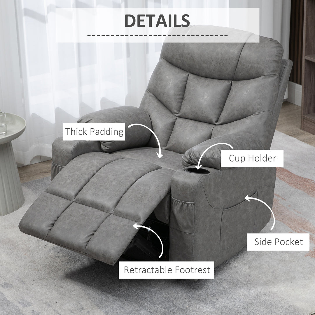 Manual Reclining Chair, Recliner Armchair with Faux Leather, Footrest, Cup Holders, 86x93x102cm, Grey