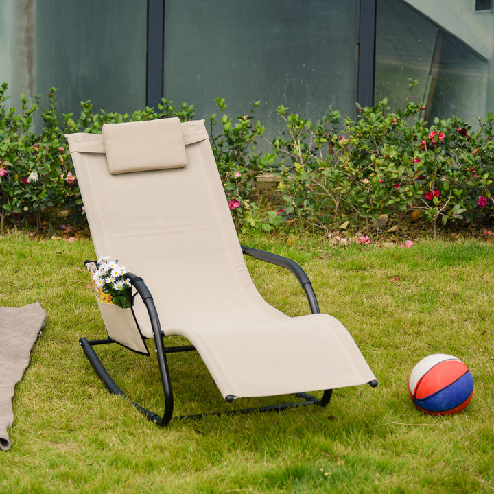 Breathable Mesh Rocking Chair Patio Rocker Lounge for Indoor &amp; Outdoor Recliner Seat w/ Removable Headrest for Garden and Patio Cream White