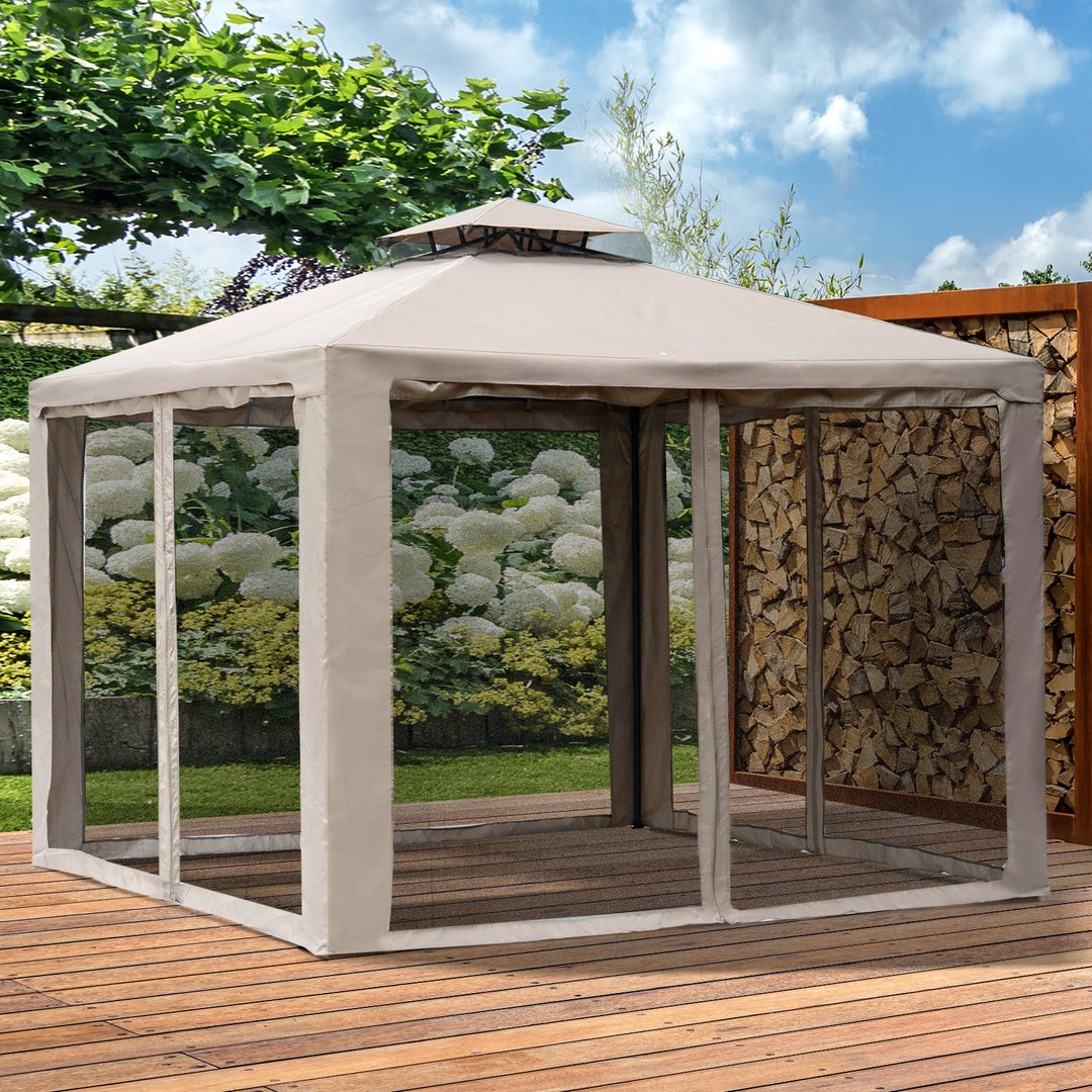 Outsunny Outdoor Garden Gazebo Tent, 2-tier Roof W/Netting, 295L x 295W x 263Hcm-Taupe