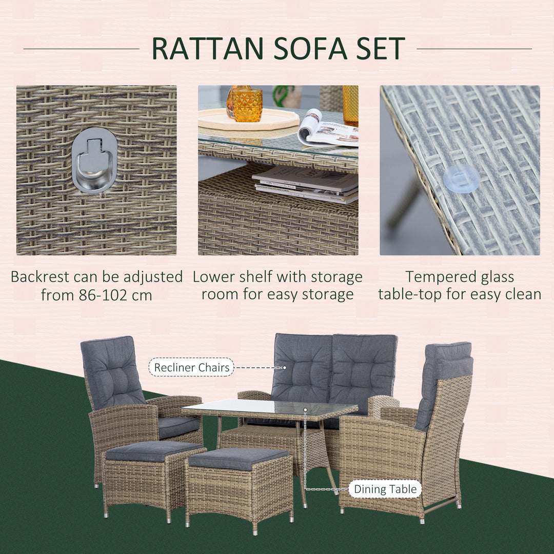 6 Pieces PE Rattan Dining Set, Patio Wicker Conversation Furniture, Tempered Glass Table-top Dining Table w/ Storage Layer, Mixed Grey