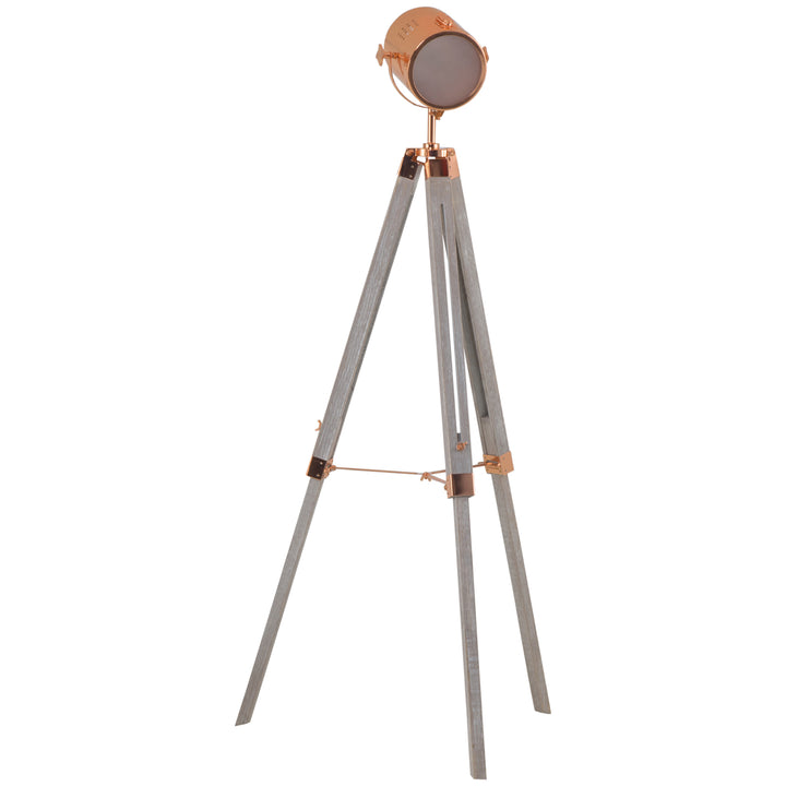 Industrial Tripod Floor Lamp, Nautical Searchlight with Adjustable Height, Wood Legs, E12 Lamp Base for Living, Bedroom, Grey and Rose Gold