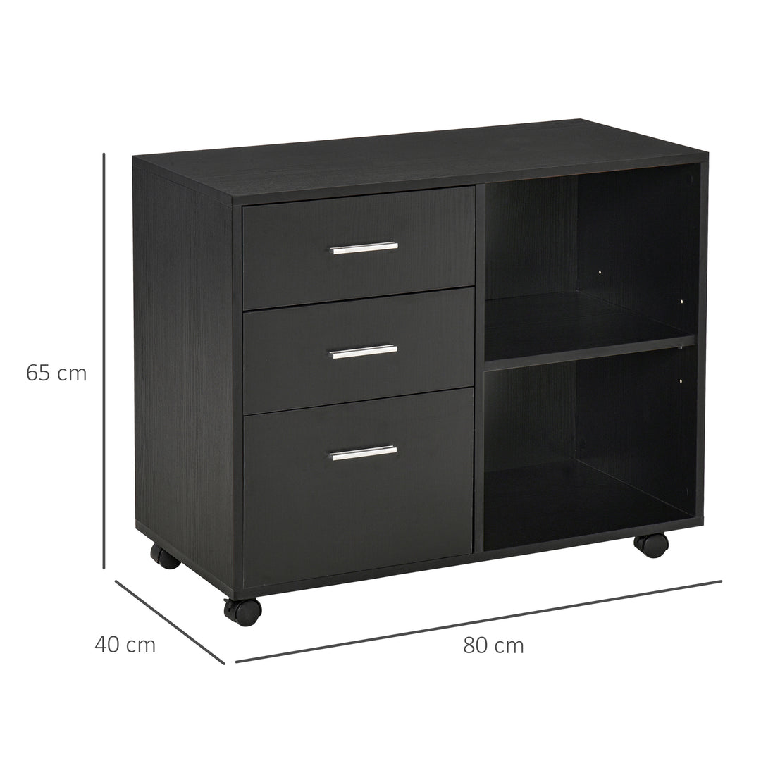 HOMCOM Freestanding Printer Stand Unit Office Desk Side Mobile Storage w/ Wheels 3 Drawers, 2 Open Shelves Modern Style 80L x 40W x 65H cm - Black