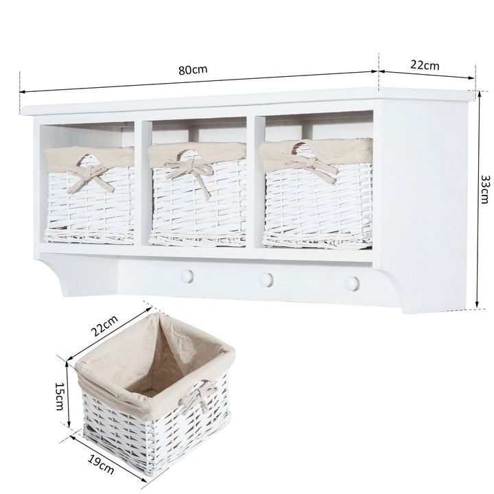 Entryway Coat Rack Wall Mounted Shelf w/Wicker Basket and Hooks (3 Baskets, White)