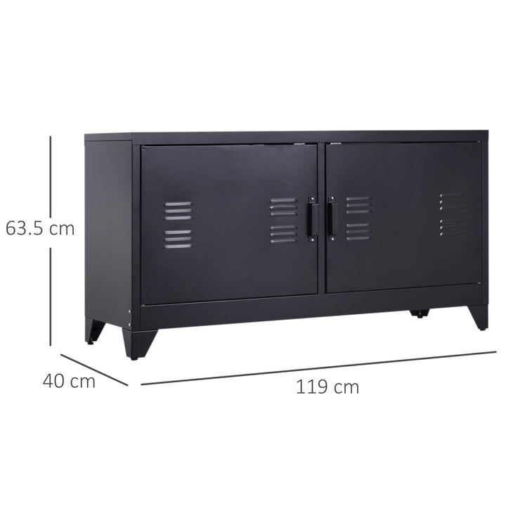 Industrial TV Cabinet Stand Media Center Steel Shelf Doors Storage System DVD Recorder Receiver Unit - Black