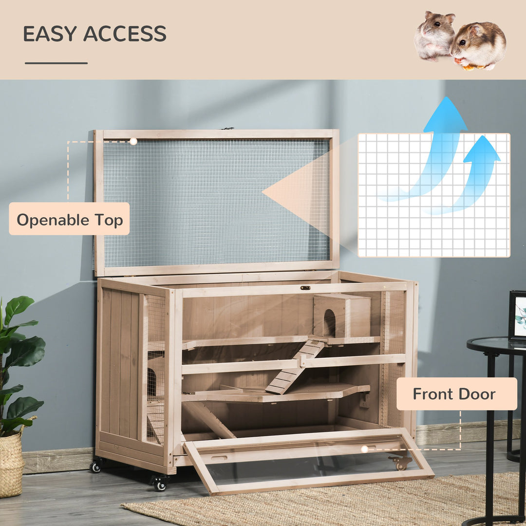 Wooden Hamster Cage, Mice Rodent Small Animals Kit Hutch, 3 Tiers Exercise Play House, with Wheels, Bottom Tray, 99 x 50 x 69 cm, Natural Wood