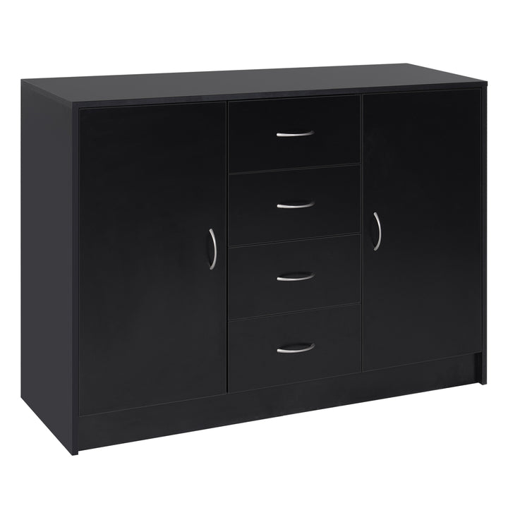 Sideboard Storage Cabinet with 2 Doors and 4 Drawers Free Standing Cupboard, Chest Organizer for Kitchen and Living Room, Black