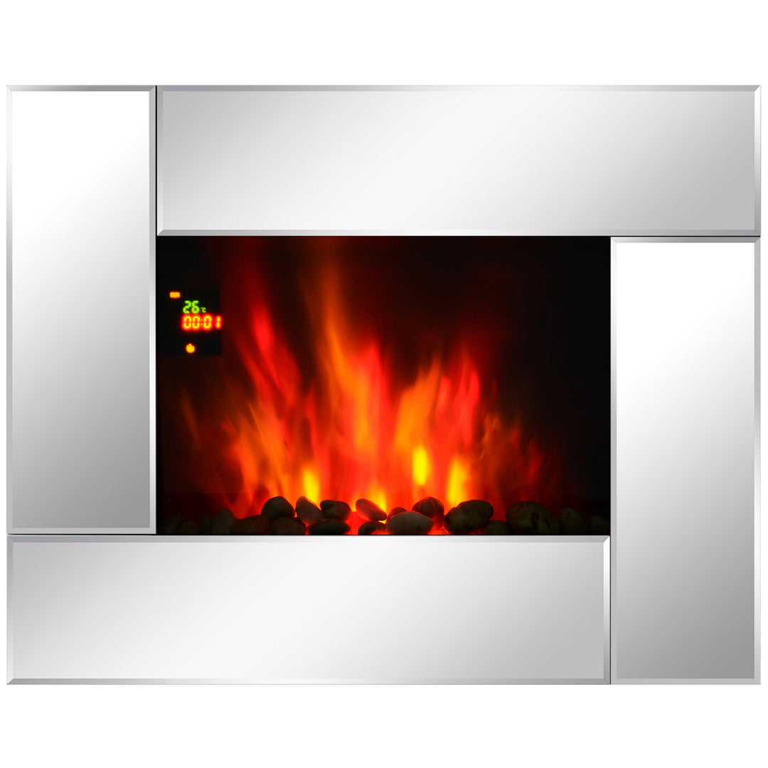 1800W Wall Mounted Electric Fireplace Heater 7 Coloured LED Light Fire Glass Screen with Pebble Effect &amp; Remote Control