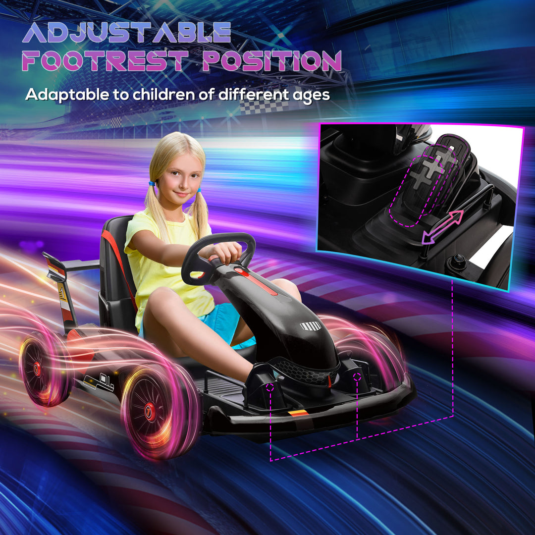 Electric Go Kart with Adjustable Footrest, Reversing Steering Wheel, Kids Ride-On Racing Go Kart with 12V Rechargeable Battery, 2 Speeds Black