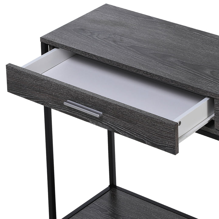 Console Table Worktop Bottom Shelf Home Two Drawer Industrial Minimal Style Grey Wood Tone Effect