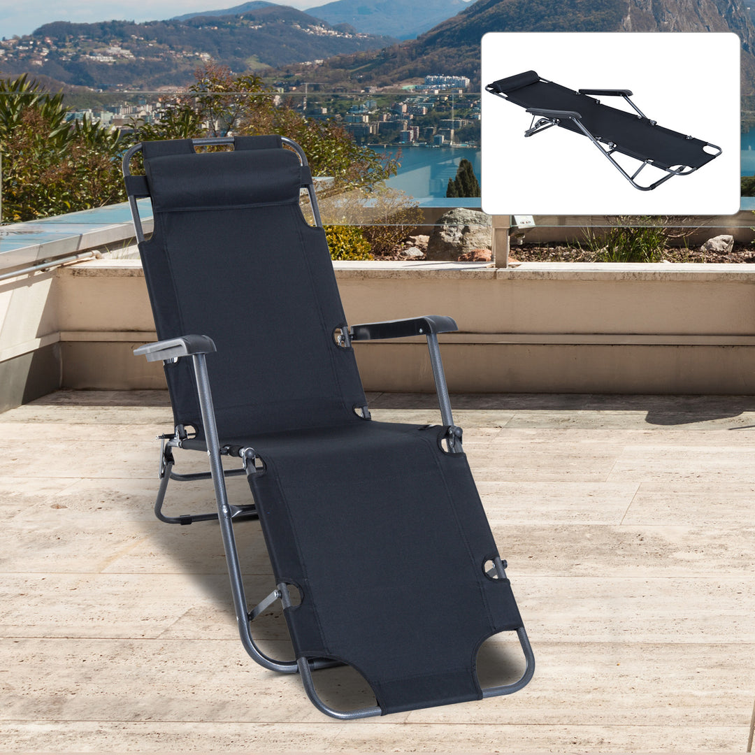 Outsunny 2 in 1 Sun Lounger Folding Reclining Chair Garden Outdoor Camping Adjustable Back with Pillow (Black)