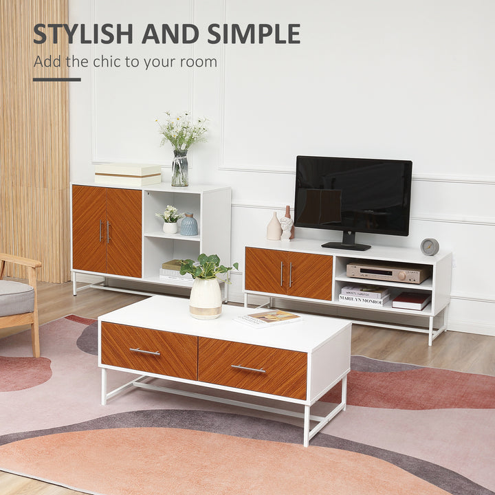 HOMCOM Modern Coffee Table, Rectangular Cocktail Table with Drawers and Open Storage Compartment, Metal Legs for Living Room