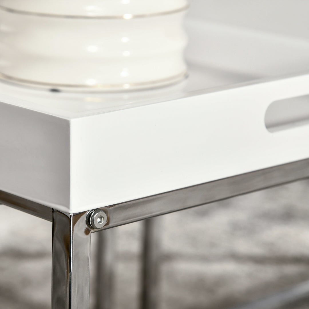 Modern Coffee Table Set of 2, Square Nest of Tables with Steel Frame and High Gloss Effect for Living Room, White