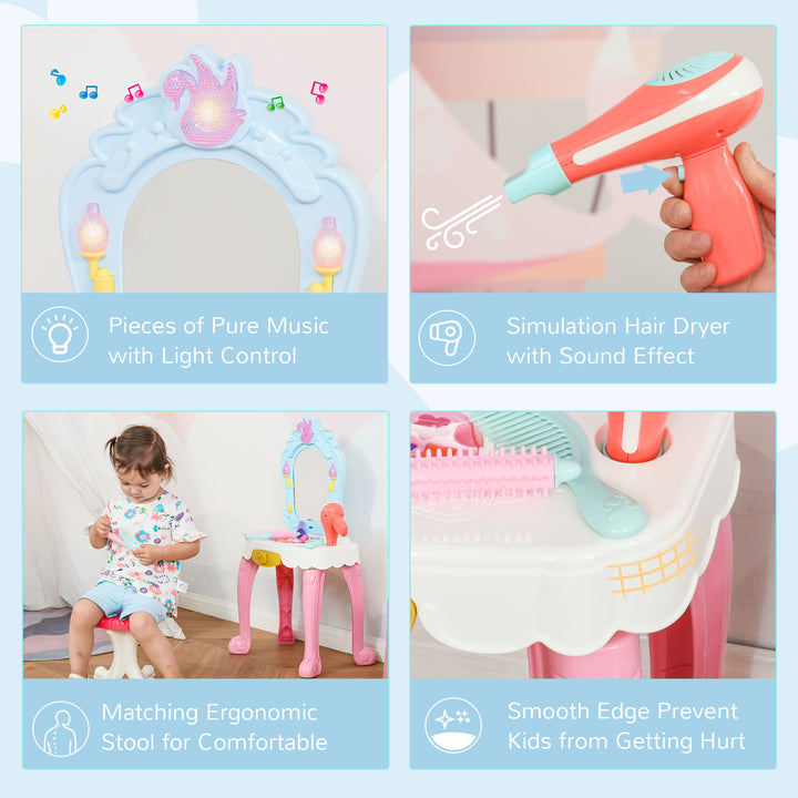 20 PCS Kids Dressing Table Set, Children Vanity Make Up Desk, Musical Pretend Toy, with Beauty Kit, Mirror, Stool, for 3-6 Years Old, Pink