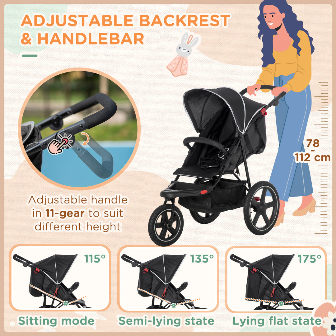 HOMCOM Three Wheeler Pushchair, Lightweight Foldable Running Baby Stroller with Fully Reclining, Adjustable Handlebar Backrest, Sun Canopy Black