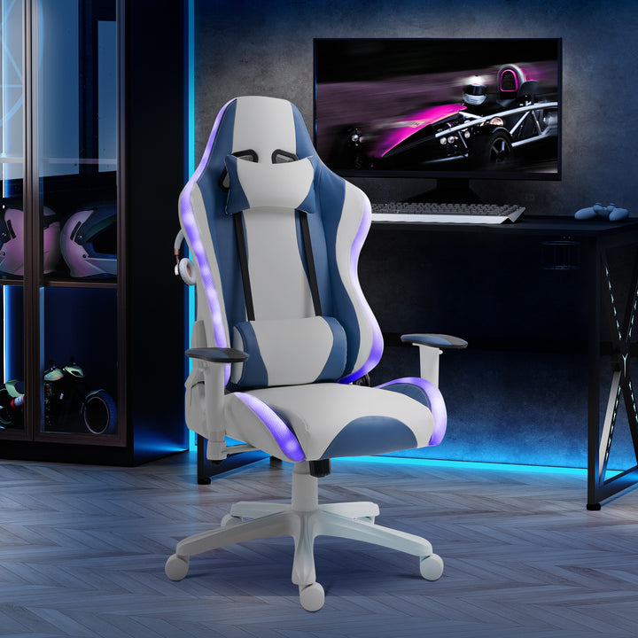 Vinsetto RGB LED Light Gaming Chair, PU Leather Thick Padding, White