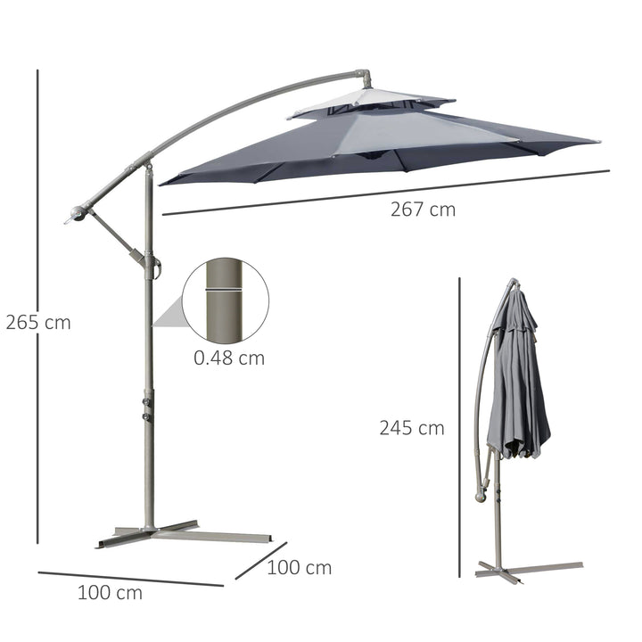 Outsunny 2.7m Garden Banana Parasol Cantilever Umbrella with Crank Handle, Double Tier Canopy and Cross Base for Outdoor, Hanging Sun Shade, Dark Grey