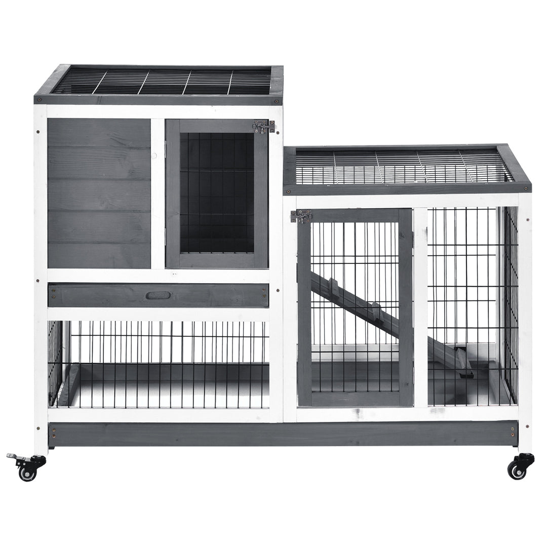 PawHut Indoor Wooden Rabbit Hutch Guinea Pigs House Bunny Small Animal Cage W/ Wheels Enclosed Run 110 x 50 x 86 cm