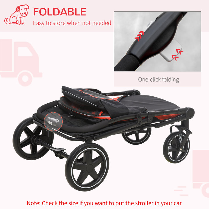 One-Click Foldable Pet Travel Stroller with Rain Cover, Cat Dog Pushchair with Front Wheels - Red