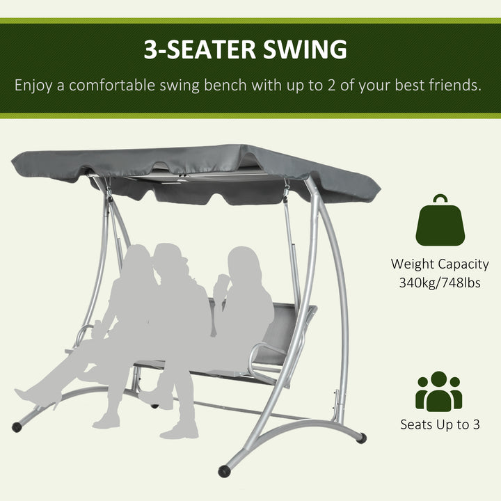 Outsunny 3 Seater Bench Steel Outdoor Patio Porch Swing Chair with Adjustable Canopy - Dark Grey