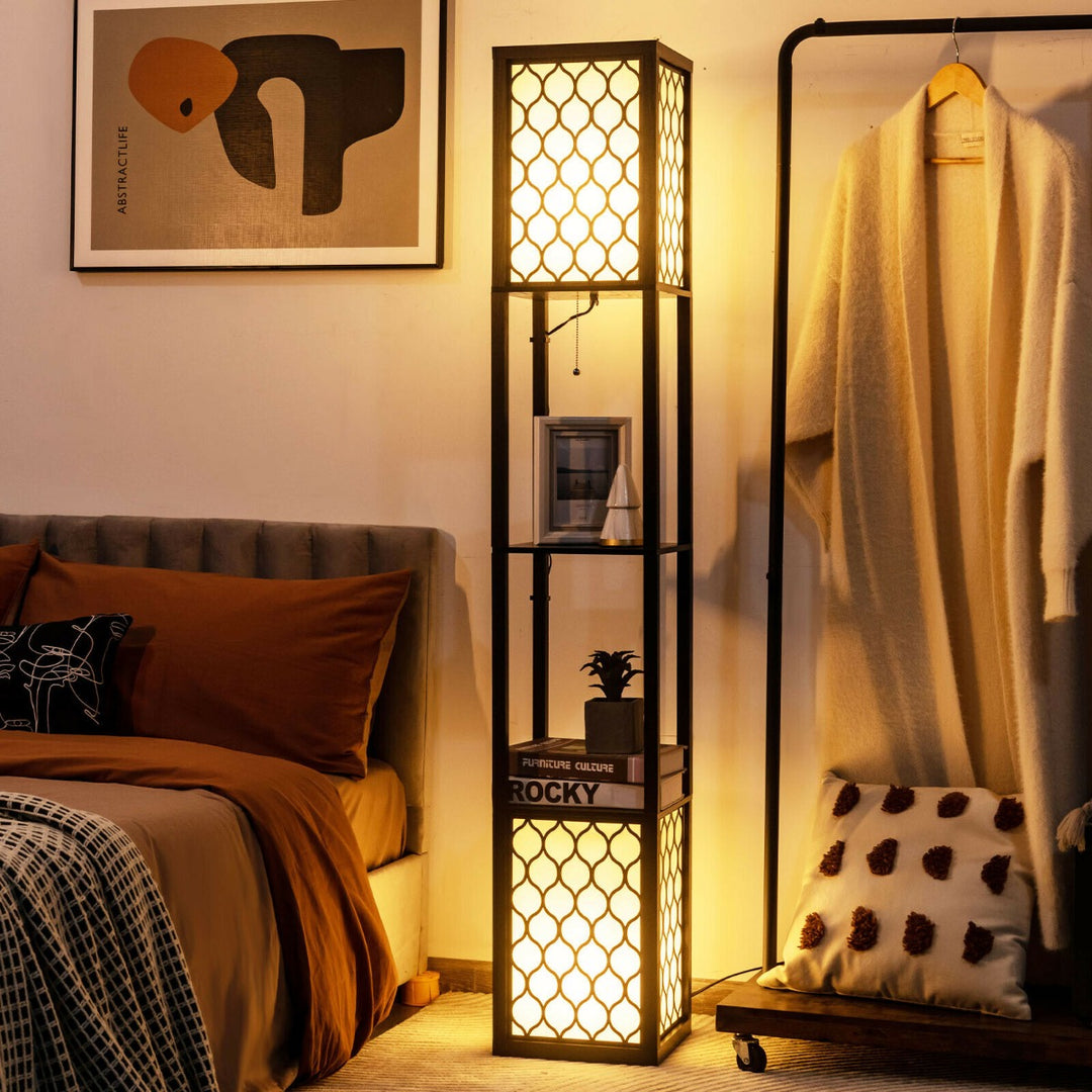 Double Floor Lamp with 2 Tier Storage Shelves and Foot Switch