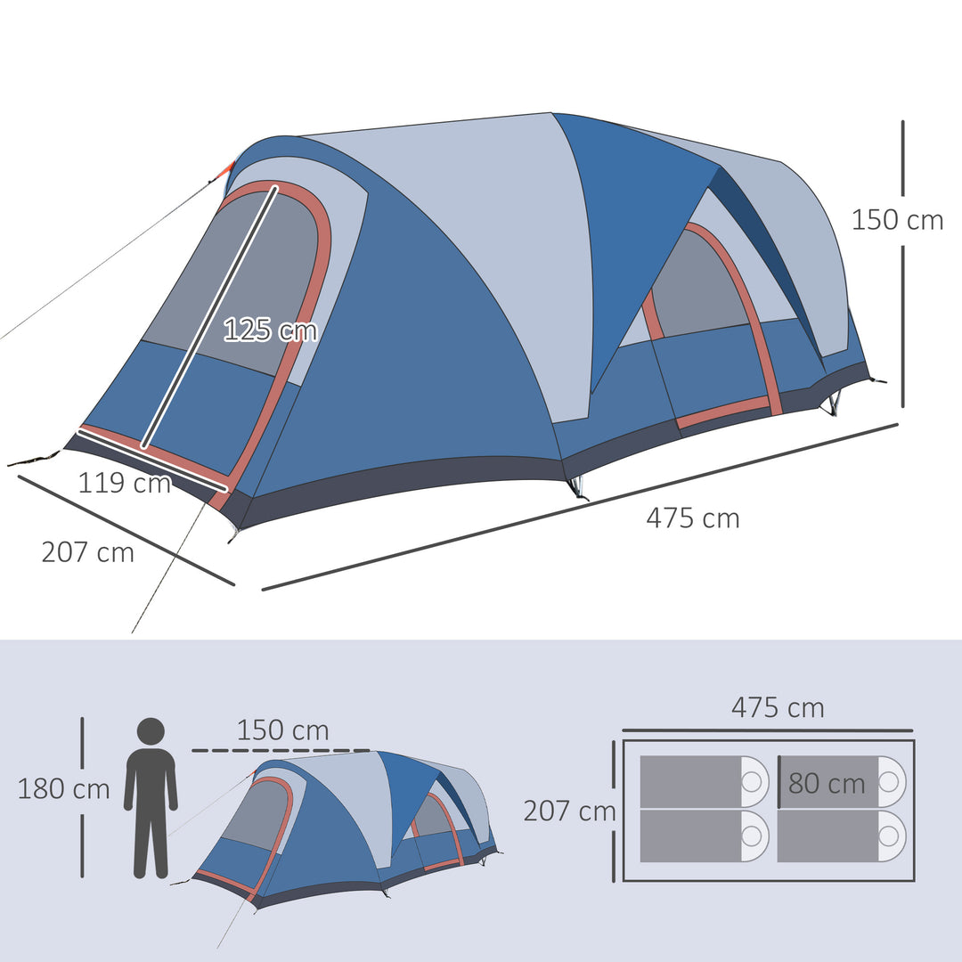 3-4 Man Camping Tent with 2 Rooms, Dome Tent with 2 Doors, Portable Carry Bag, UV Protection, for Fishing, Hiking - Blue