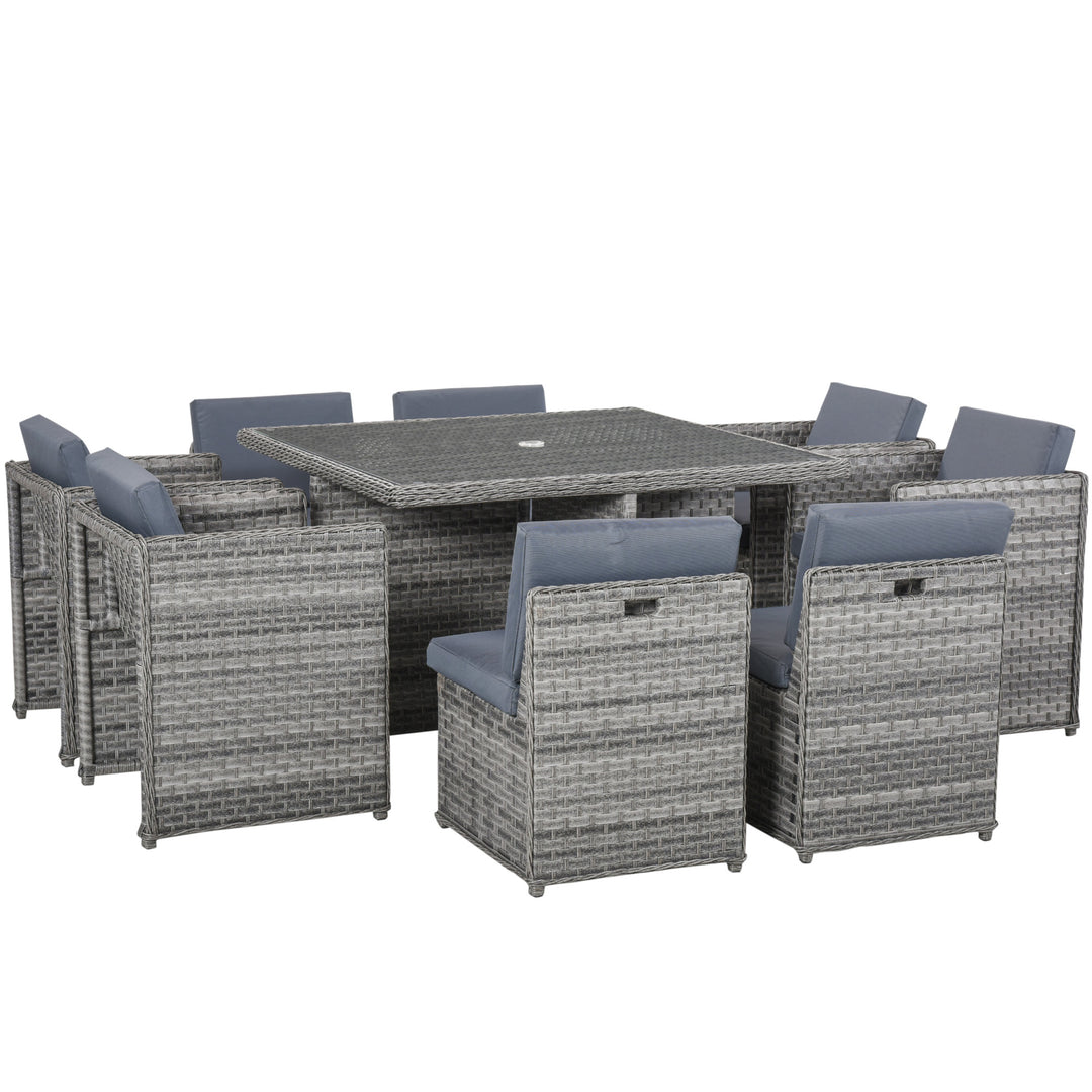 Outsunny Patio 8-Seater Rattan Dining Table Chair Set Garden Wicker Cube Sofa Furniture w/ Umbrella Hole Table for Indoor &amp; Outdoor Mixed Grey