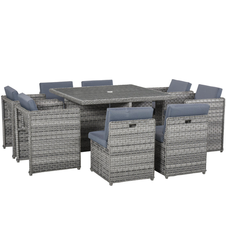 Outsunny Patio 8-Seater Rattan Dining Table Chair Set Garden Wicker Cube Sofa Furniture w/ Umbrella Hole Table for Indoor &amp; Outdoor Mixed Grey