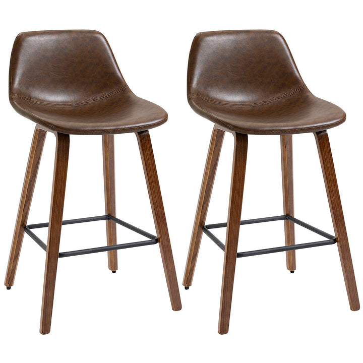 Bar Stools Set of 2, Breakfast Bar Chairs, Tall Kitchen Stools PU Leather with Backrests and Wood Legs, Brown