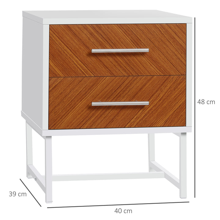 Bedside Table with 2 Drawers and Metal Frame, Sofa Side Table for Bedroom Living Room, White and Brown