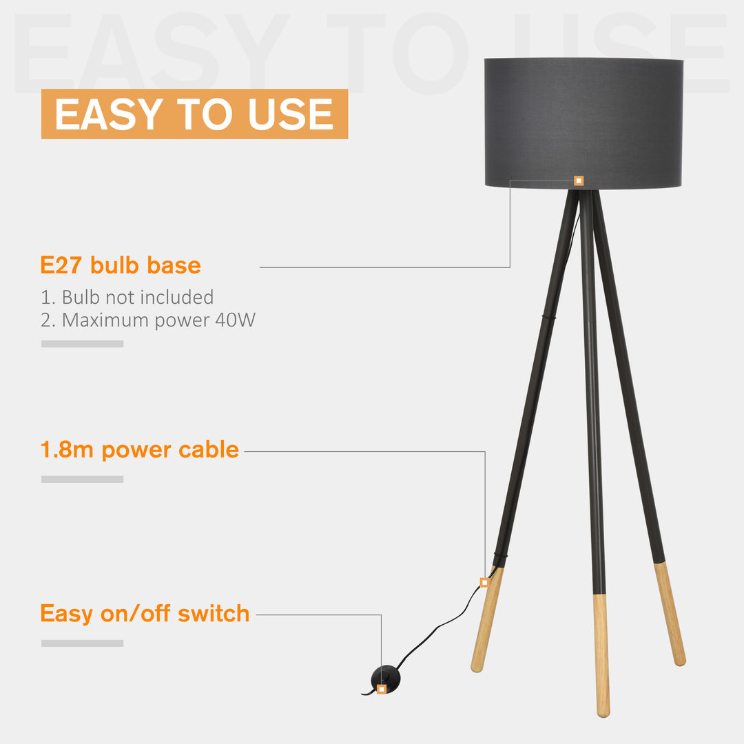 Steel Tripod Floor Lamp w/ Fabric Lampshade Modern- Grey
