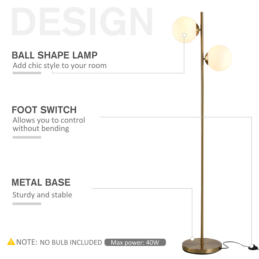 2 Glass Shade Floor Lamp Metal Pole Cool Modern Decorative w/ Floor Switch Home Office Furnishing Gold