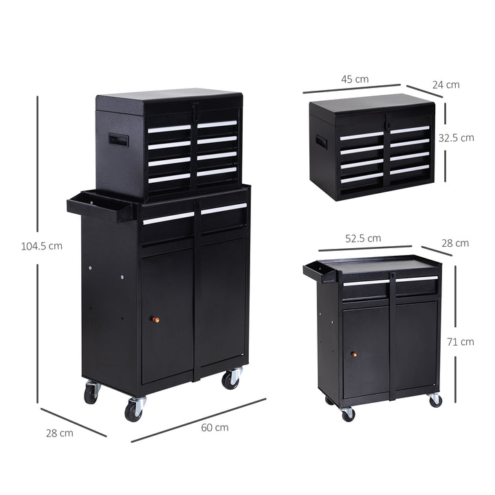 DURHAND Tool Chest 2 in 1 Metal Tool Cabinet Storage Box with 5 Drawers Pegboard Wheels 60x28x104.5cm Black