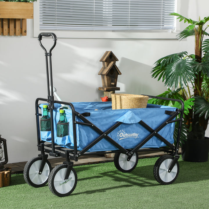 Outsunny Garden Trolley Cart Folding Cargo Wagon Trailer Trolley for Beach Garden Use with Telescopic Handle - Blue