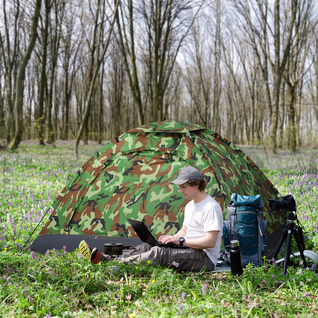 2 Person Camping Tent, Camouflage Tent with Zipped Doors, Storage Pocket, Portable Handy Bag, Multicoloured